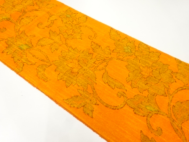 JAPANESE KIMONO / NAGOYA OBI / SILK / HAND WOVEN / MAWATA TSUMUGI / FLORAL ARABESQUE